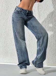 SHEIN ICON Jeans rectos de cintura baja lavados de estilo casual para mujer - Azul - Ver 2
