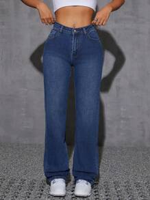 SHEIN EZwear 女士纯色休闲牛仔裤，适合日常穿着，简约风格 - 深色水洗藍 - 查看 1