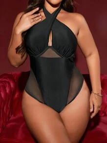 SHEIN Swim Curve Maillot de bain une pièce noir pour femmes grandes tailles avec cerceau en acier, pour l'été