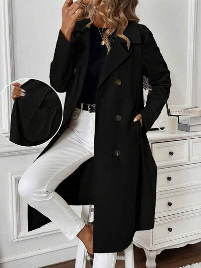 EMERY ROSE Abrigo largo con mangas largas de color liso con forma de H para mujer