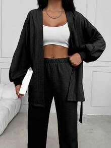 SHEIN Cottnline مجموعة ملابس علوية وبنطلون قطن بأكمام فانوس وحزام للمرأة ذات الحجم الكبير - الأسود - مشاهدة 5