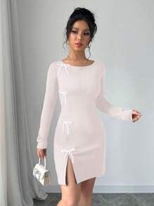 Elenzga Women Casual Bow Decor Round Neck Long Sleeve Short Dress