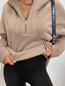 Tropvida 女士纯色连帽半拉链休闲运动衫 - 咖啡棕 - 查看 6