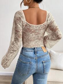 Chiquease Elegant & Sexy Solid Color Sheer Lace Bodysuit, Autumn