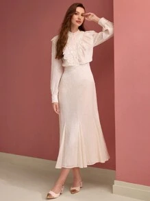 PREMIUM WOMEN'S JACQUARD LACE RUFFLE TRIM GODET HEM LONG DRESS - Beige - View 7