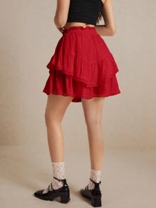 Poéselle Summer High-Waisted Ruffled Hem Red Skirt With Spliced ​​Lace, Suitable For Summer Vacation - Red - View 3
