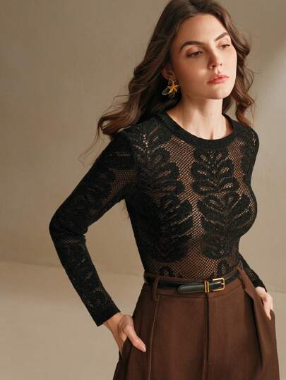  Anewsta Elegant Floral Jacquard Sheer Round Neck Women's Black Sweater, Chinese New Year Clothing, Women's Winter Knitted Pullover For Autumn/Winter