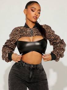 SHEIN x Carly Lawrence SHEIN SXY Spring & Summer Fashionable Ultra-Short Leopard Print Biker Jacket Leopard Print