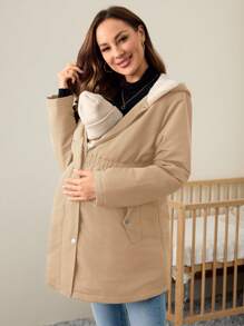 SHEIN 孕妇毛绒纽扣连帽夹克和外套，纯色，秋冬