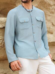 Manfinity Homme Men's Front Button Long Sleeve Pocket Casual Shirt, Daily Wear - Baby Blue - View 5