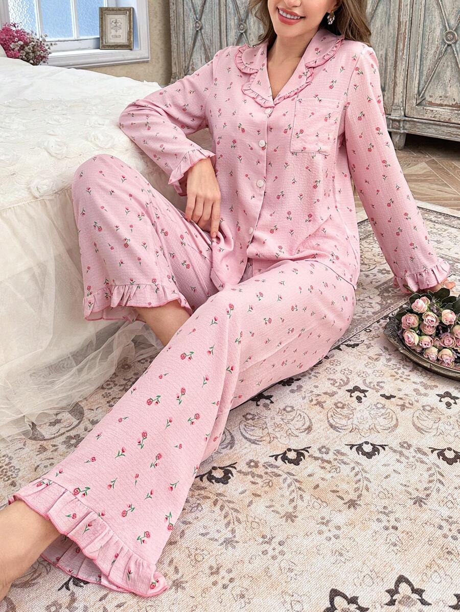 CottageSlumber Floral Bubble Ruffle Collar Top And Pants Sleepwear Pajama Set Holiday Season, Bountiful Floral Splendor, Fall Winter Clothes Cozy And Elegant Details - Pink - View 1