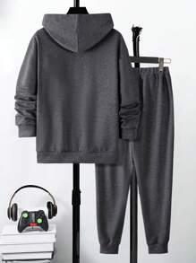 SHEIN 青少年男孩和英文字母印花连帽运动衫，时尚休闲 - 深灰色 - 查看 2