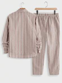 Manfinity VCAY 2pcs/Set Men Stripe Collared Long Sleeve Shirt Outfit, Suitable For Autumn - Multicolor - View 2