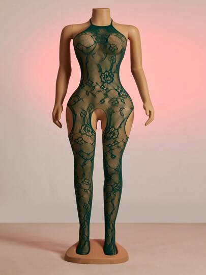 ChaseTheNight 1pc Women Verleidelijke Lingerie Jumpsuit Bow Groen Mesh Going Out view 6