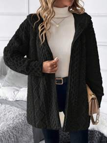 SHEIN Clasi Jaket Fleece Bertekstur Lengan Panjang Berkerudung Warna Polos untuk Wanita Musim Dingin - Hitam - View 6