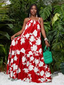 Slaydiva Beach Summer Vacation Thin Suspender A-Hem Maxi Skirt Green Plant All-Over Printed Women's Dress