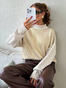 SHEIN Damen Kabel-Strick Rundhals Metall-Beschichtungs-Muster Pullover Kuschelig und Chic