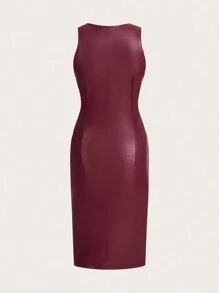 SHEIN Essnce Váy da đỏ tía Giáng sinh Váy đỏ Váy dự tiệc Giáng sinh cho nữ Váy midi không tay bó sát co giãn cao bằng da đỏ tía Váy midi không tay xếp nếp đơn giản màu trơn cho nữ - Đỏ - Xem 2