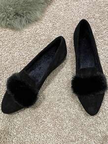 Girls' Flats Pointed Toe Suede Slip-On Casual Shoes, Comfortable & Warm With Fluffy, Fashionable For Teens - Black - View 1