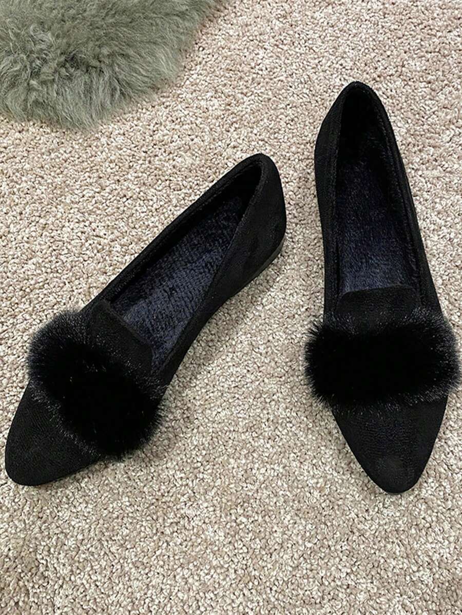Girls' Flats Pointed Toe Suede Slip-On Casual Shoes, Comfortable & Warm With Fluffy, Fashionable For Teens - Black - View 1