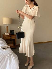 DAZY Vestido elegante de manga corta con cuello de volantes y cola de pez para mujeres