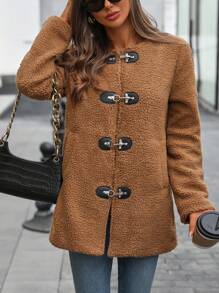 SHEIN LUNE Women's Faux Shearling Crew Neck Metallic Button Closure Mid-Length Warm Coat Fall Cloth For Women - Brown - View 6