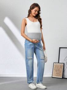 SHEIN Maternity Wideband Waist Ripped Frayed Straight Leg Jeans - Light Wash - View 3