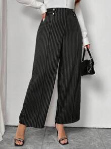 SHEIN Frenchy Pantaloni casual larghi con vita a fascia e righe, taglia comoda per donne in taglie forti - Multicolore - Visualizzare 6