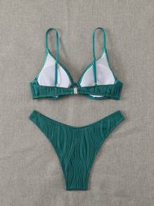 Swim Basics Women's Solid Color Spaghetti Strap Bikini Top And Bottom Swim Suit With Wire-Supported Summer - Dark Green - View 2