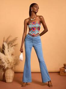 Abeille Creations Jeans bleu clair lavés, style cowgirl évasé extensible pour femmes de créateur, pour sortir, les vacances, le printemps et l'été, les festivals, adapté pour Ibiza