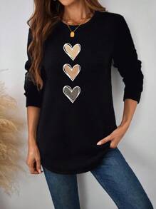 SHEIN LUNE Women's Casual Simple Heart Graphic Crew Neck Thicken Sweatshirt, Suitable For Autumn/Winter