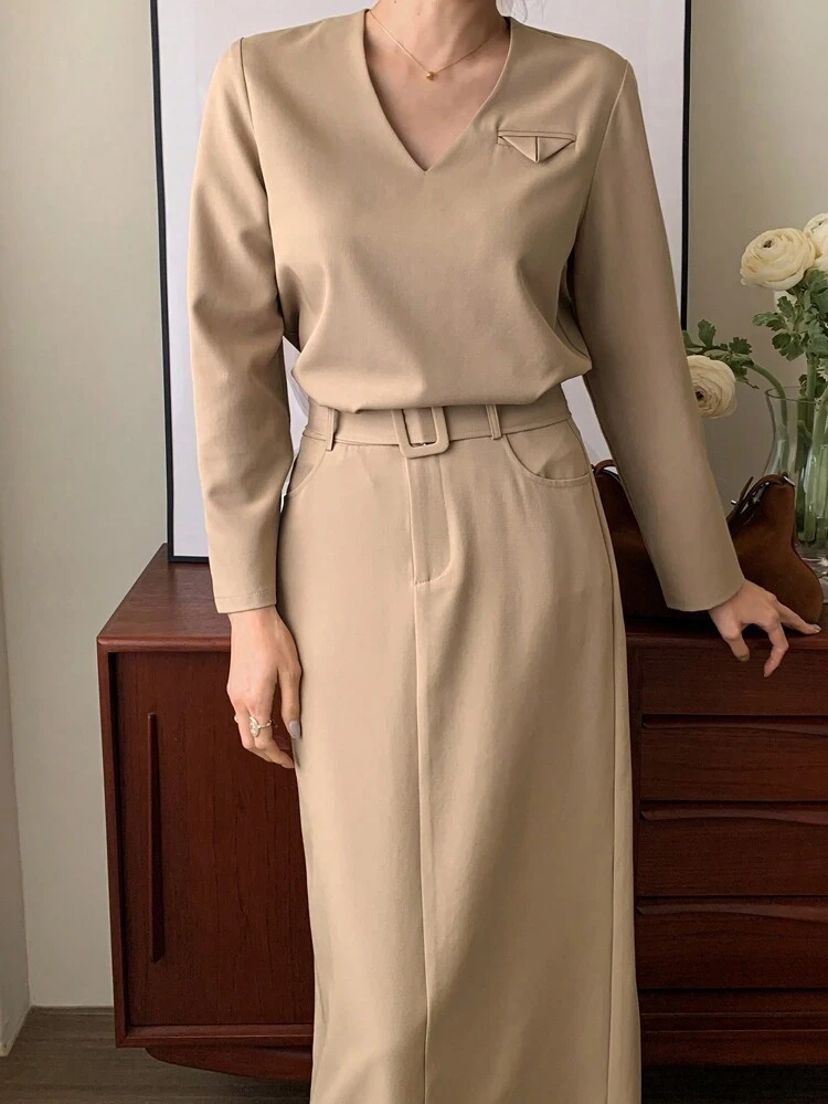 2pcs/Set French Fashion V-Neck Blouse And Straight High-Waisted Skirt,Fall Clothes