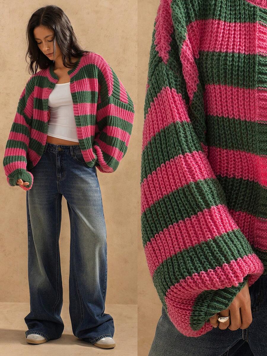 Forever 21 Casual Contrasting Striped Drop Shoulder Loose Cardigan, Autumn/Winter - Multicolor - View 1