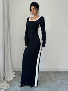 Chiquease Women Contrast Color Casual Long U-Neck Raglan Sleeve Fitted Knit Sweater Dress - Black and White - View 3
