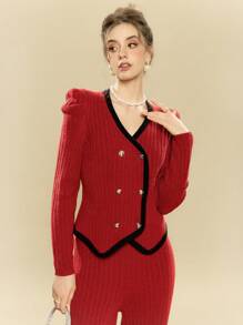 SHEIN Unity Vintage Women Winter Outfit 2pcs Set: Red Knitted Sweater & Pants For New Year Clothes - Red - View 3