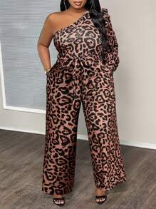 Slaydiva Mono estampado de leopardo de manga larga con parches y cintura anudada, con pierna acampanada, talla grande, adecuado para ocasiones elegantes, de fiesta, de oficina y de cita, para primavera/otoño - Marrón - Ver 1