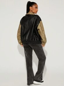 SHEIN SXY Autumn/Winter Black & Khaki Color Block Distressed PU Race Car Driver Jacket For - Multicolor - View 2