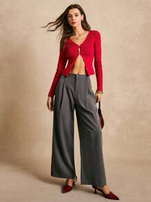 Poéselle Women's Grey Striped Wide Leg Pants,Extra Long Suit Pants,Business Casual Office Autumn Casual Commuting Fashion,Old Money Style Siren Office Pants - Grey - View 2