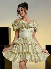 SHEIN Belle Elegant Sexy Romantic Golden Shiny Organza Off Shoulder Three-Dimensional Pleats Cake Dress For Date, Birthday Party, Wedding Event, Bachelor Party, Prom Dress, Wedding Guest Dress