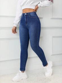 Jeanoix Jeans de mezclilla casuales de diseño sencillo con bolsillo delantero y botones para uso diario para mujeres - Azul lavado oscuro - Ver 4