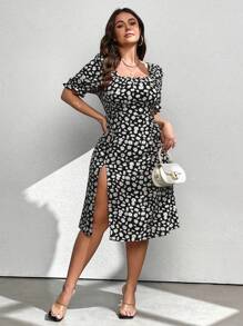 Celure Plus Size Short Sleeve Split Neck Sexy Mini Ditsy Floral Mid-Calf Dress