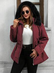SHEIN LUNE Plus Size Women Casual Loose Hooded Padded Padded Coat With Zipper, Winter Clothes