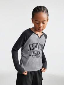 SHEIN Tween Girls Outono/Inverno Uso Diário Básico Volta às Aulas Preppy Cruz Elástico Decote Recortado Top Preto e Cinza com Mangas