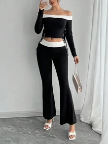 INAWLY 2pcs Women's Color Block Off Shoulder Top And Flare Leg Pants Elegant Casual Suit