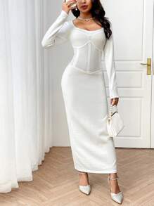 Modelyn Elegant Minimalist Solid Color Fitted Sweater Dress, Autumn/Winter - White - View 3