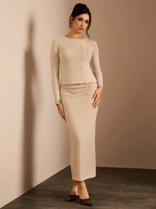 Glamine 2pcs Set: Elegant Asymmetric Cardigan & Fitted Ribbed Hem Long Skirt, Casual Wear For Women, Autumn/Winter Fall Cloth For Women