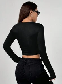Chiquease Blusa de mujer de manga larga, cuello redondo, ajustada, con parches de lentejuelas, camisetas gráficas para mujer, para la primavera - Negro - Ver 2
