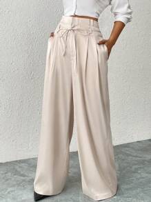 Firerie New Year Women's Elegant Minimalist Sophisticated Vintage Coin High Waist Tie Belt Draped Wide Leg Palazzo Pants, Apricot Color