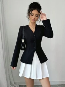 Chiquease 2pcs/Set Black Blazer And White Pleated Skirt - Black - View 6