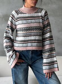 EURMUSE Women's Autumn/Winter Striped Stand Collar Raglan Sleeve Retro Casual Sweater - Multicolor - View 5